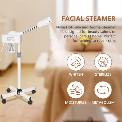 Nova Microdermabrasion Professional Facial Steamer On Wheels Ionic Ozone Facial Steamer with Hot Mist Function Stand Facial Steamer for Personal Home Salon Spa Skin Cleaning