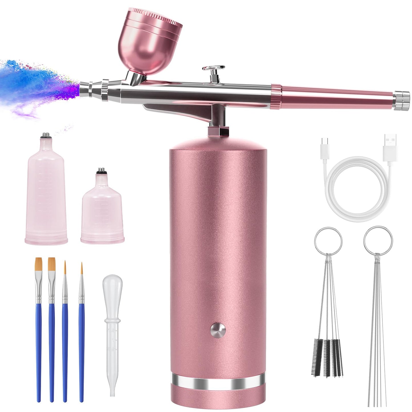 Airbrush Kit With Compressor - 48PSI Rechargeable Cordless Non-Clogging High-Pressure Air Brush Set with 0.3mm Nozzle and Cleaning Brush Set for Nail Art, Makeup, Painting, Cake Decor (Pink)