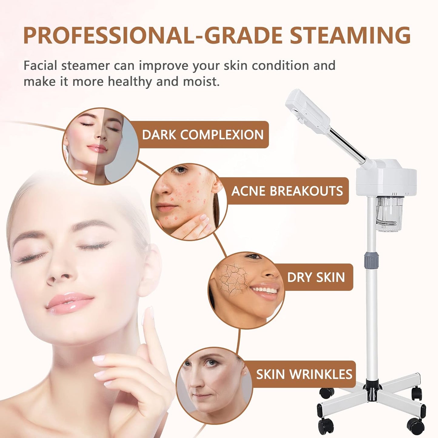 Nova Microdermabrasion Professional Facial Steamer On Wheels Ionic Ozone Facial Steamer with Hot Mist Function Stand Facial Steamer for Personal Home Salon Spa Skin Cleaning